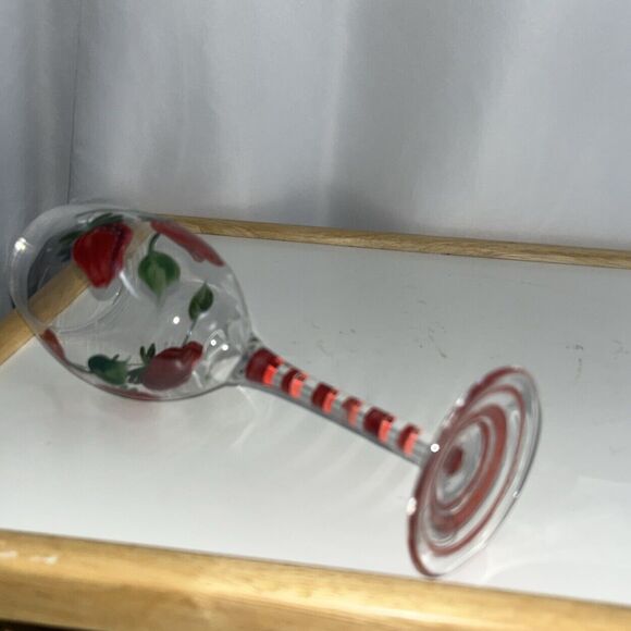 2 Hand Painted Fruit Wine Glasses Strawberry Orange Stripped Pattern Hand-blown - Picture 7 of 7